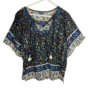 Democracy Womens 1X Multicolor Ikat Boho Peasant Blouse Tassels Flutter Sleeves